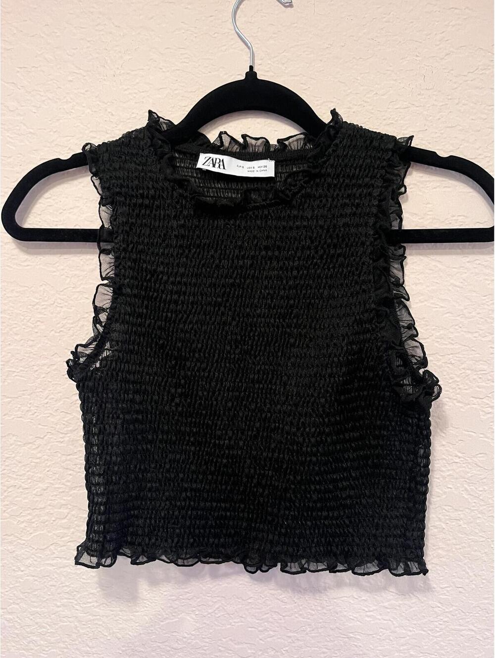 Zara Black Smocked Sleeveless Ruffle Trim Crop Top - Picture 2 of 7